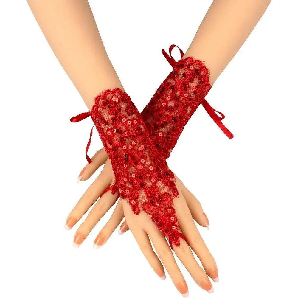 Women's Rhinestone Fingerless Red Gloves Bride Wedding Party Prom Accessories